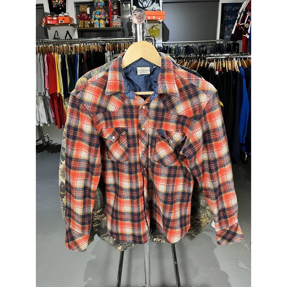 Vintage Queens Way Fashion Pearl Snap Wool Flannel Knit Warm Outdoors Shirt Lrg.